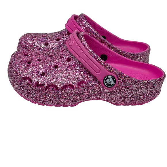 Crocs Baya Glitter Clog K Kids Size J2 Pink Sparkle Iconic Comfort Shoes - Picture 4 of 8